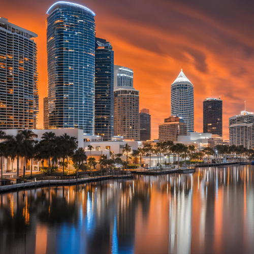 Downtown Tampa from Bayshore highlighted in orange and dark grey